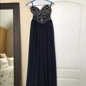 Navy blue long dress with silver beading